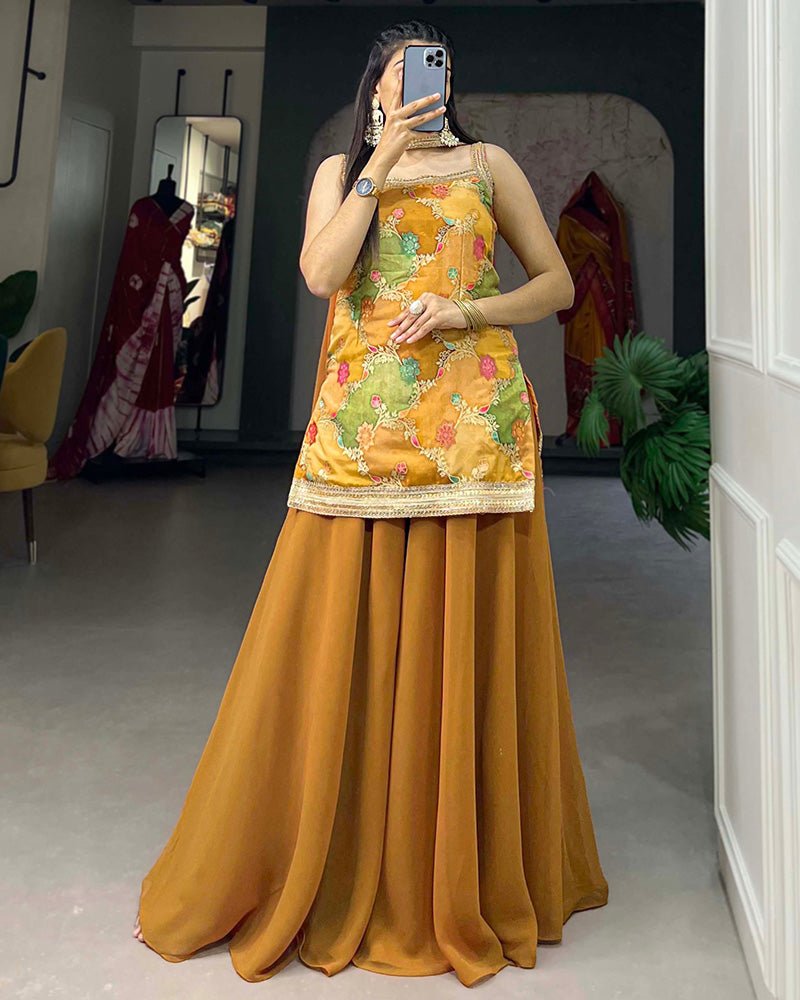 Mustard Color Jacquard Weaving Work Plazo Suit