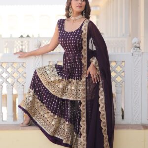Designer Dark Wine Color Three Piece Gharara Suit