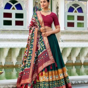 Green Color Tussar Silk Patola Printed Lehenga Choli