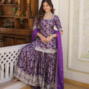 Purple Color Viscose Jacquard Three Piece Gharara Suit