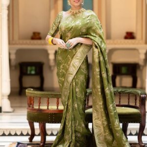 Mehndi Color Banarasi Jacquard Zari Weaving Saree