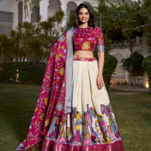 Off-White Color Dola Silk Kalamkari Printed Lehenga Choli